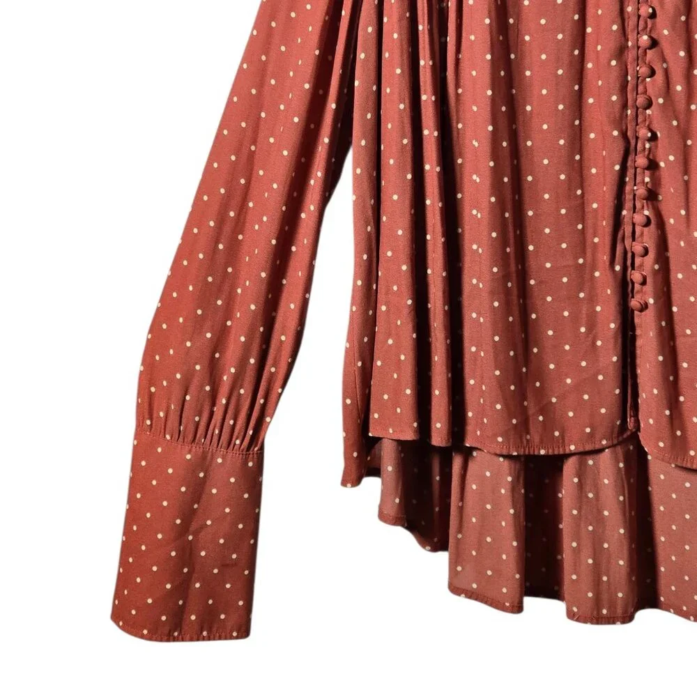 Free People Rust Polka Dot Blouse Small Romantic Boho Ruffle Button Top - Picture 4 of 11